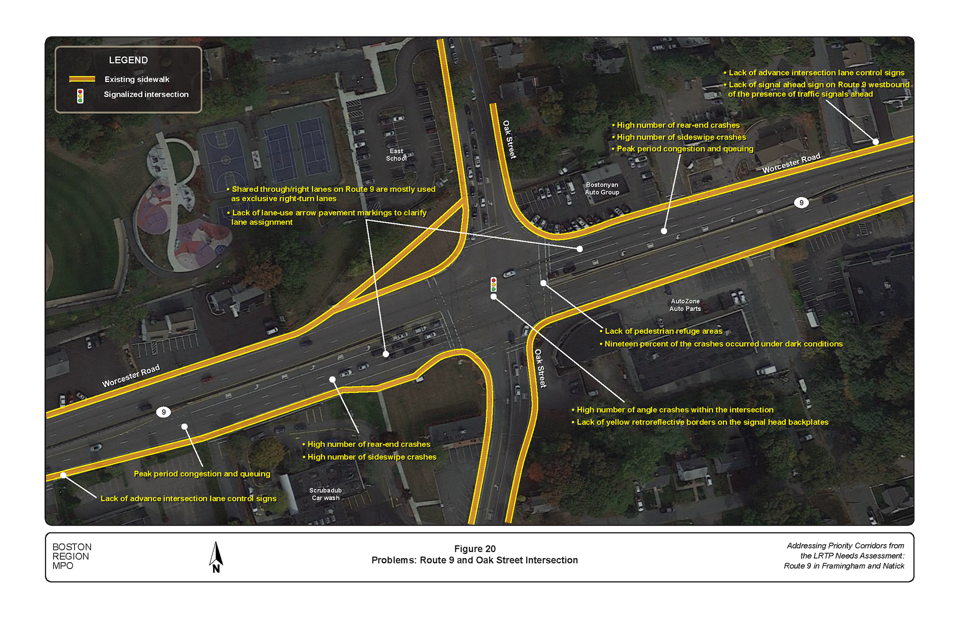 Figure 20 is an aerial photo showing the intersection of Route 9 and Oak Street and the problems